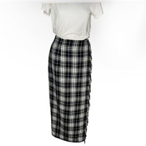 CAMBRIDGE COUNTRY Plaid Skirt Black White Wrap Fringe Edge Midi Size 6 VINTAGE